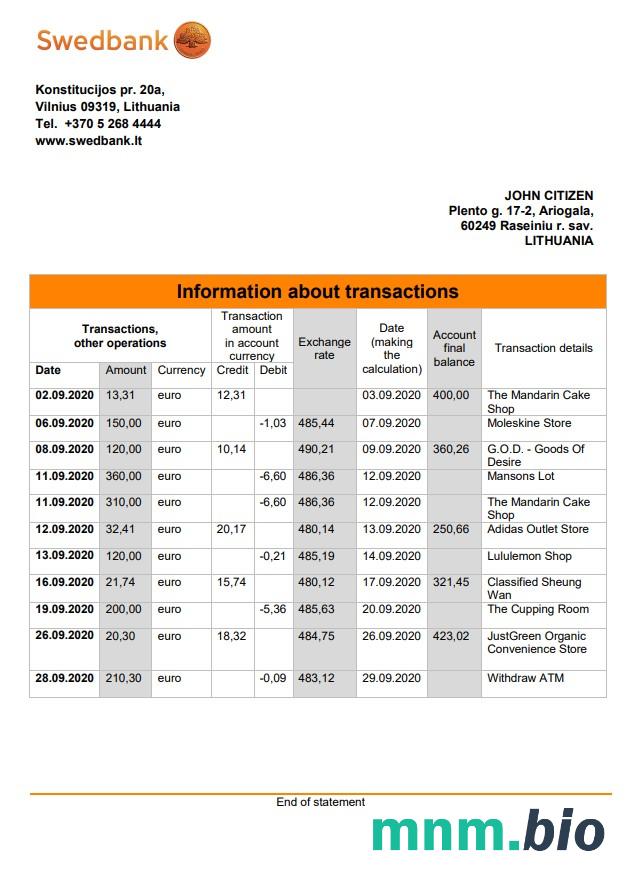 Litwa Swedbank wyciąg bankowy łatwe do wypełnienia szablonu .xls i .format pliku pdf